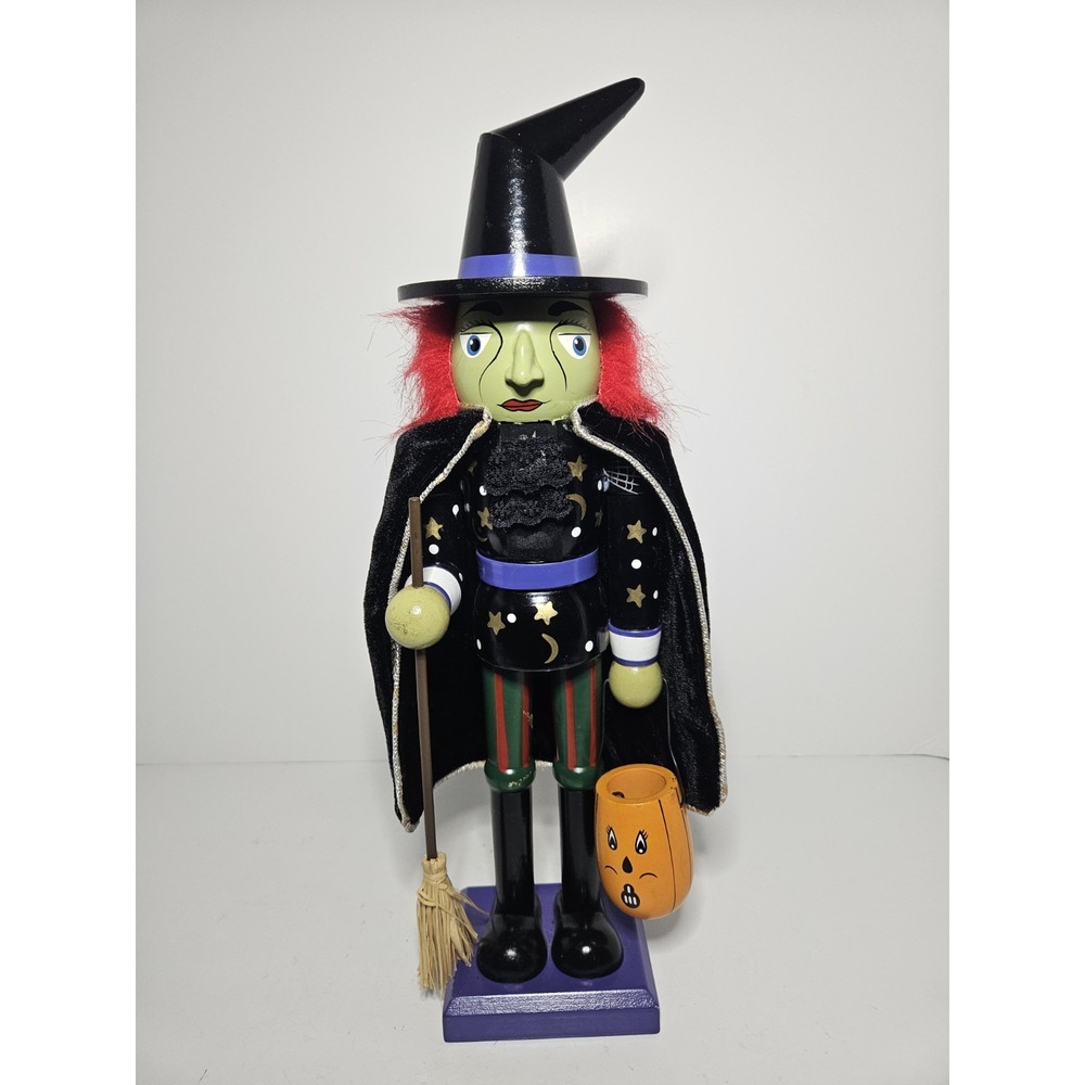 Halloween Witch Nutcracker Wooden Figurine Broom Pumpkin Cape Star Moon 15"
